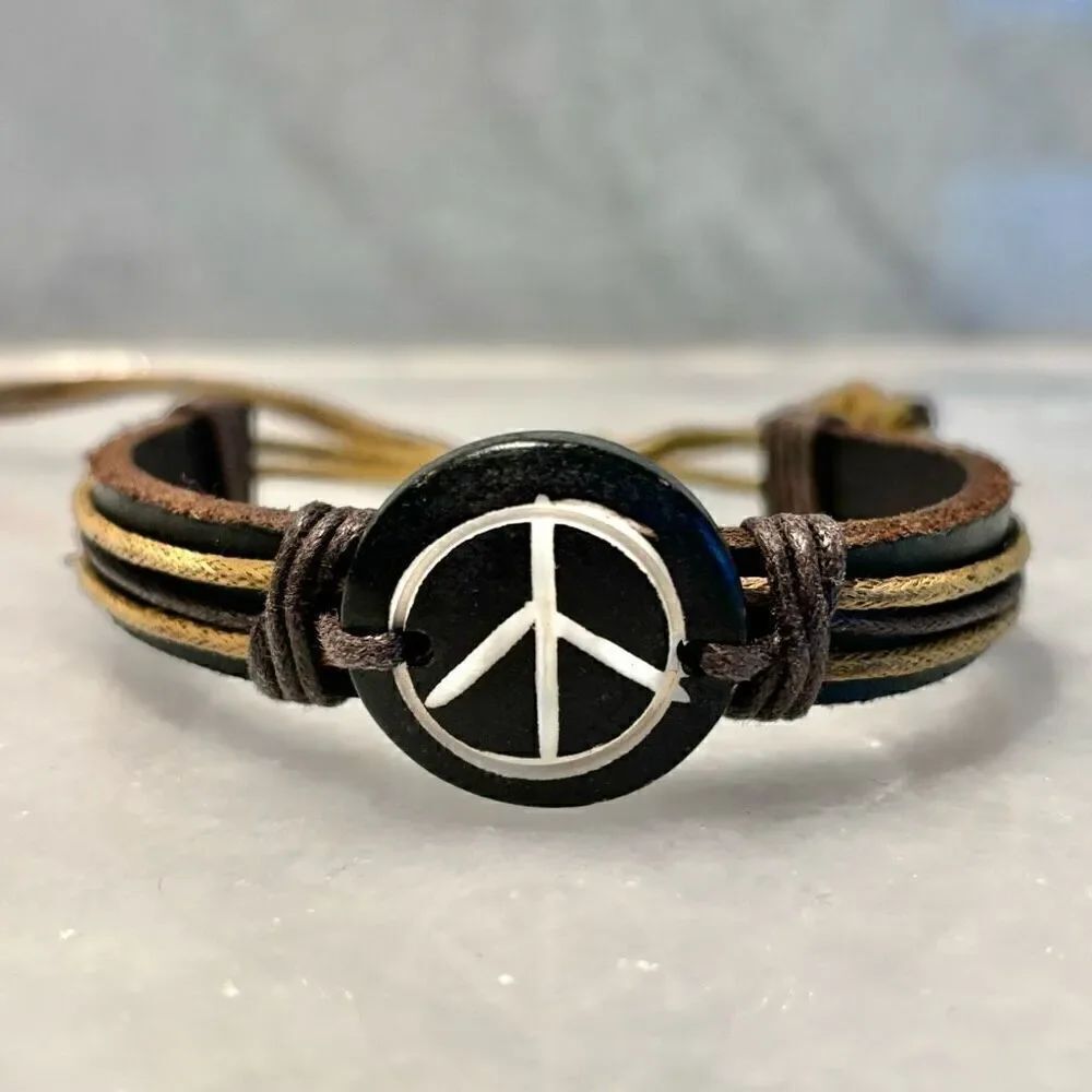 Vintage Anthropologie Peace Sign Black Brown Leather Adjustable Peace Sign Brace